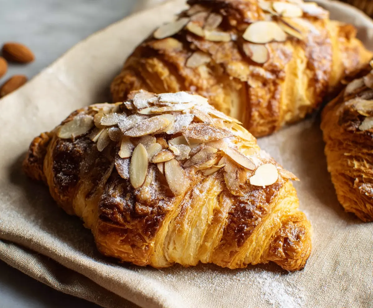 Delicious and flaky almond croissants with a golden brown exterior, perfect for breakfast or brunch.
