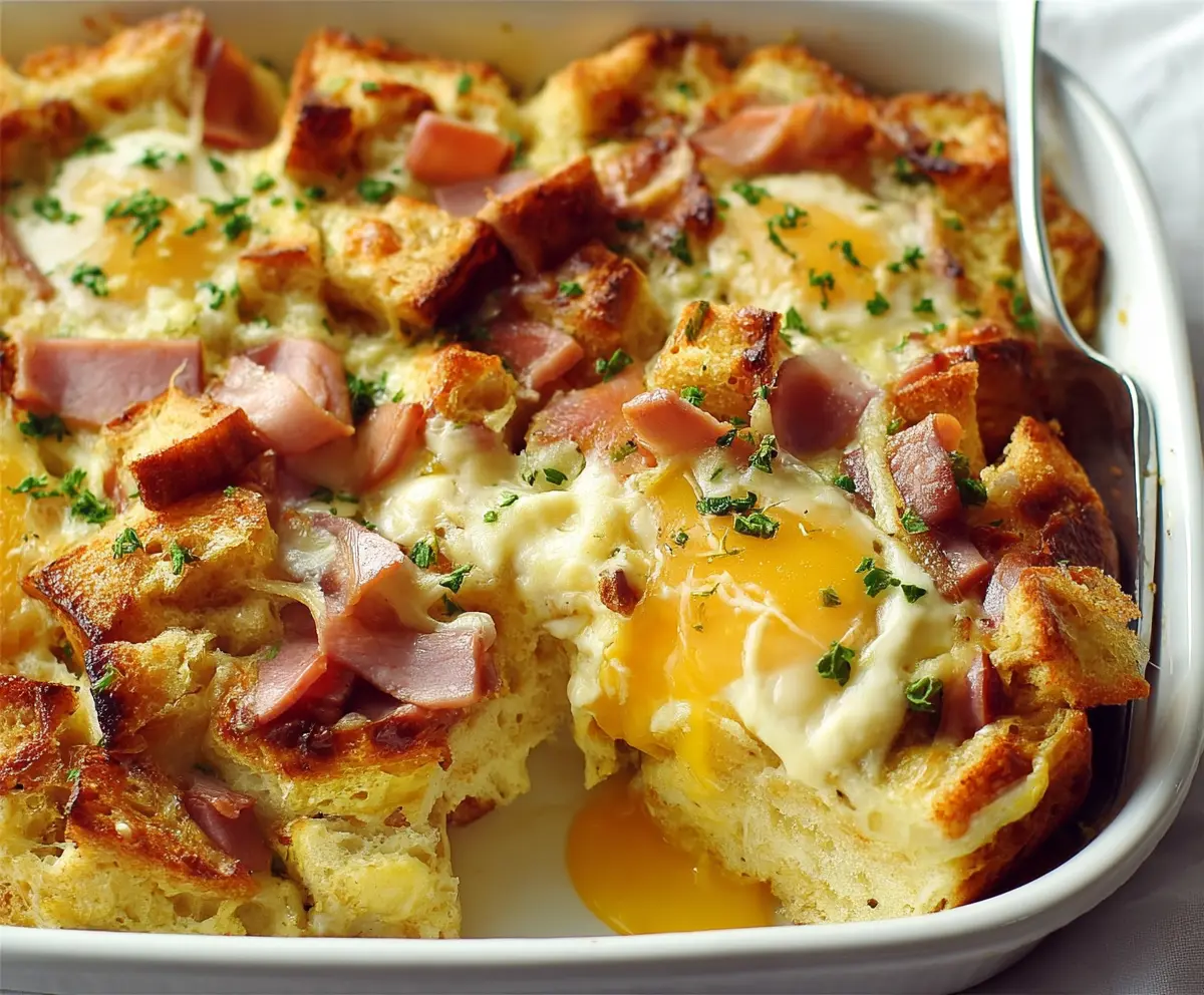 Creamy Eggs Benedict casserole topped with hollandaise sauce for a delicious breakfast.