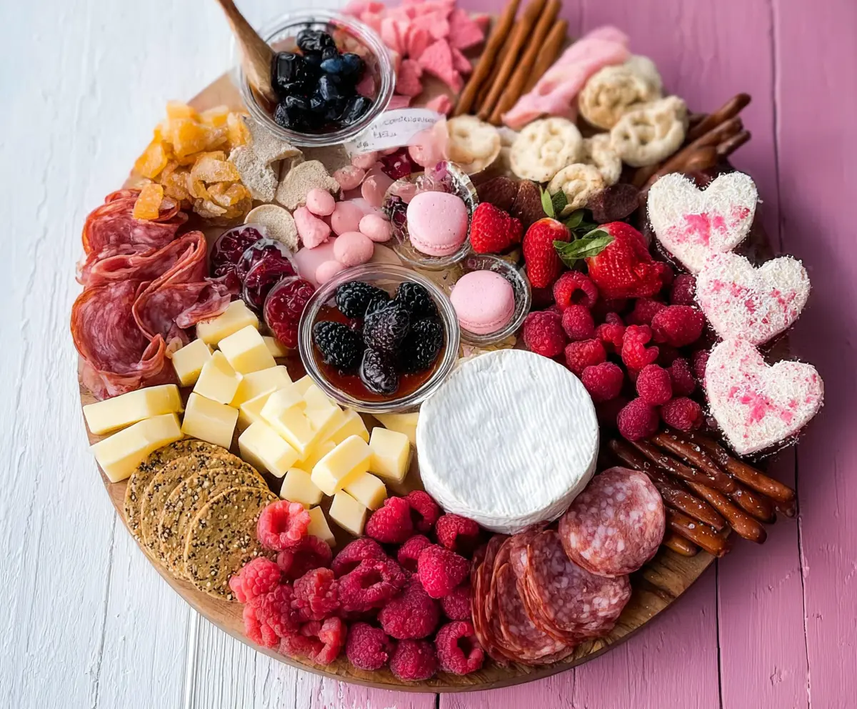 Decorative Galentine’s Day charcuterie board with assorted cheeses, cured meats, fruits, and nuts for celebrating friendship.