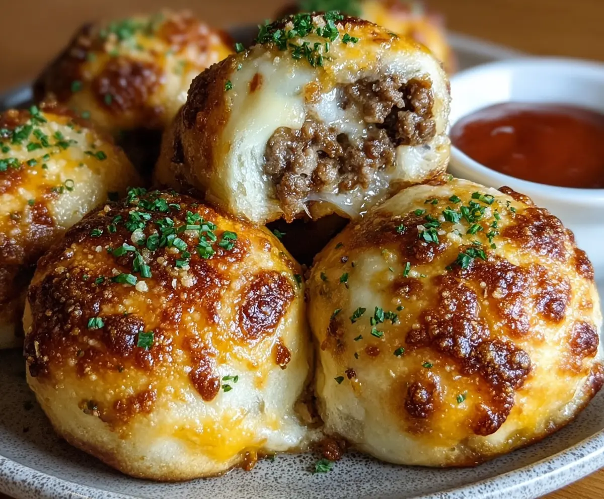 Close-up of Garlic Parmesan Cheeseburger Bombs showcasing melted cheese, golden crust, and flavorful toppings.