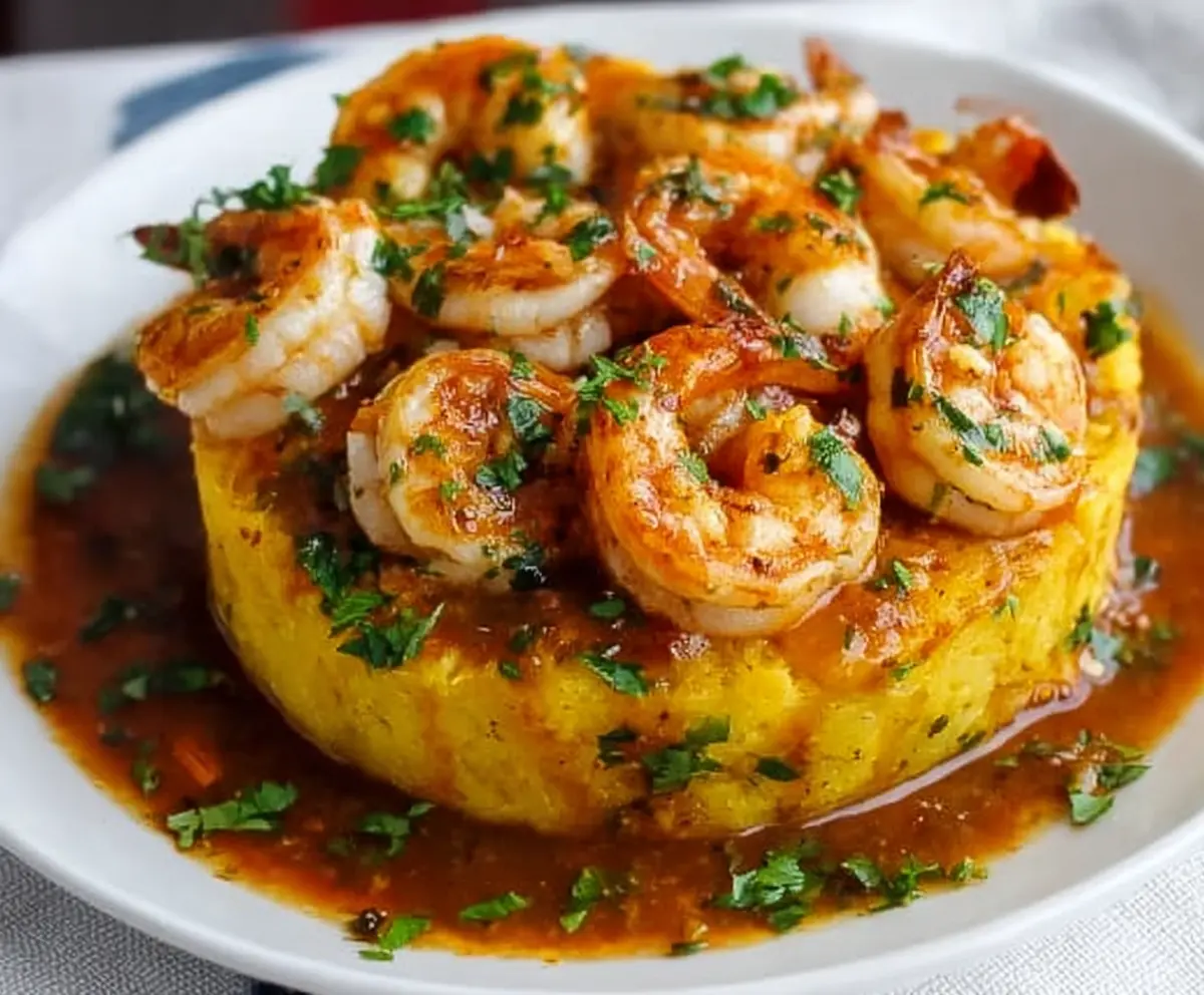 Delicious garlic shrimp served over traditional mofongo with fresh herbs.