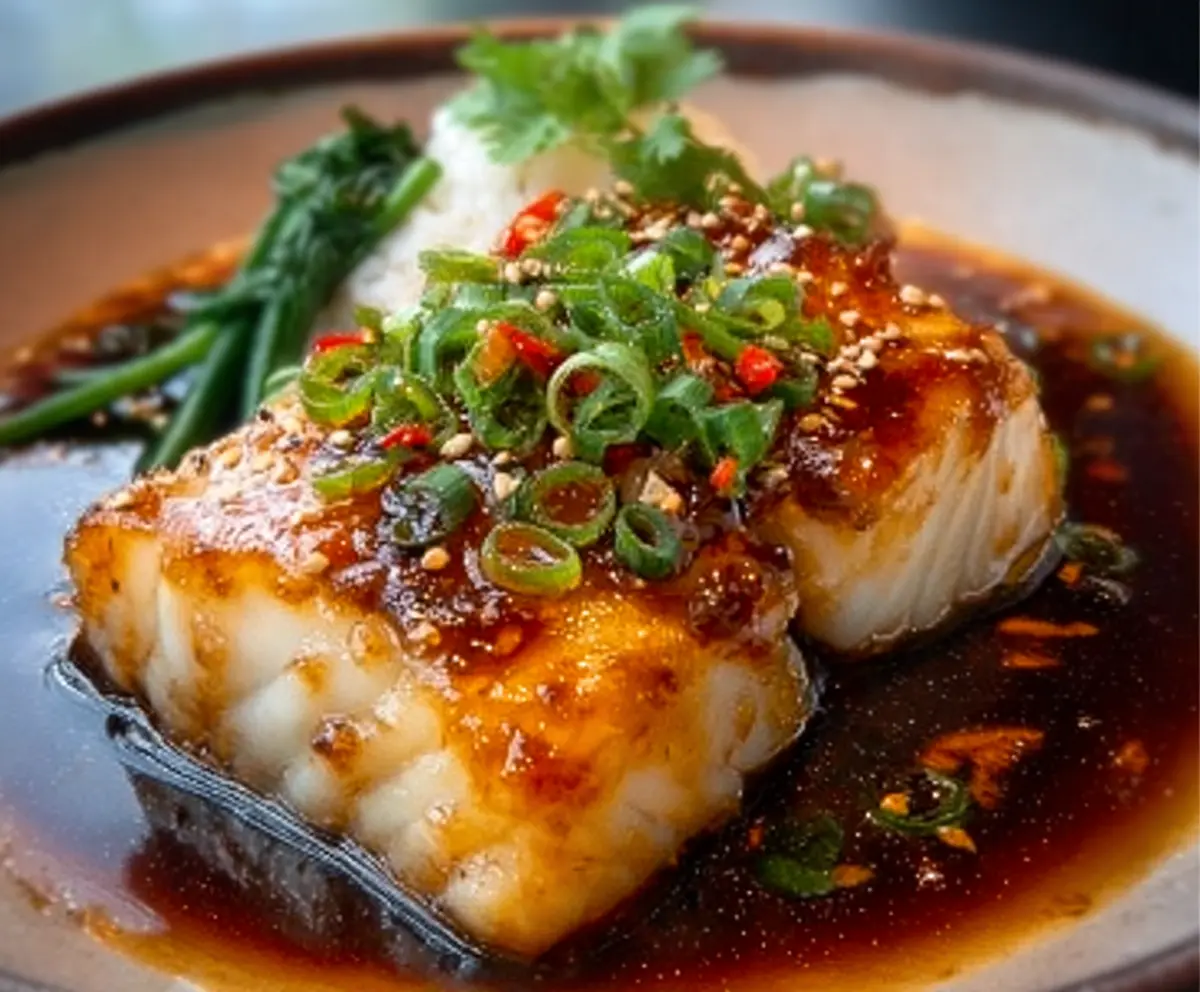 Delicious Ginger Soy Glazed Cod served with fresh vegetables on a white plate.