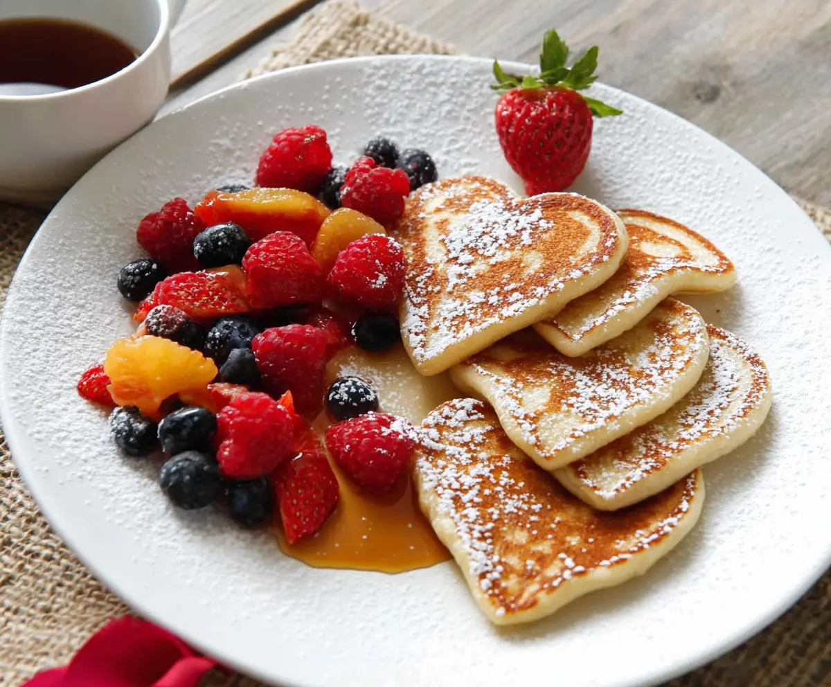 Delicious heart-shaped pancakes served on a plate for a romantic breakfast