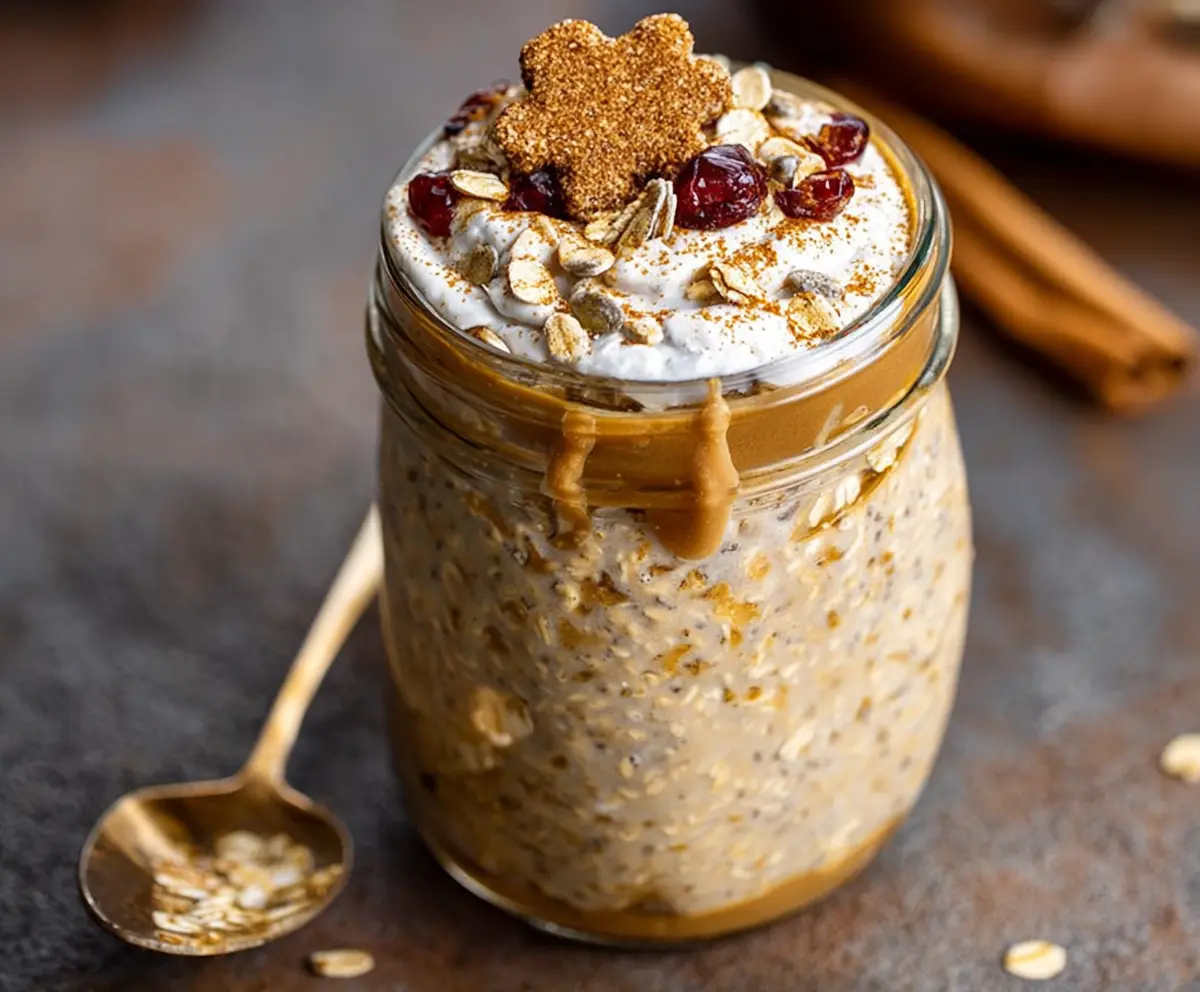 A bowl of high protein gingerbread overnight oats topped with fresh ginger and spices, ready to enjoy for a healthy breakfast.