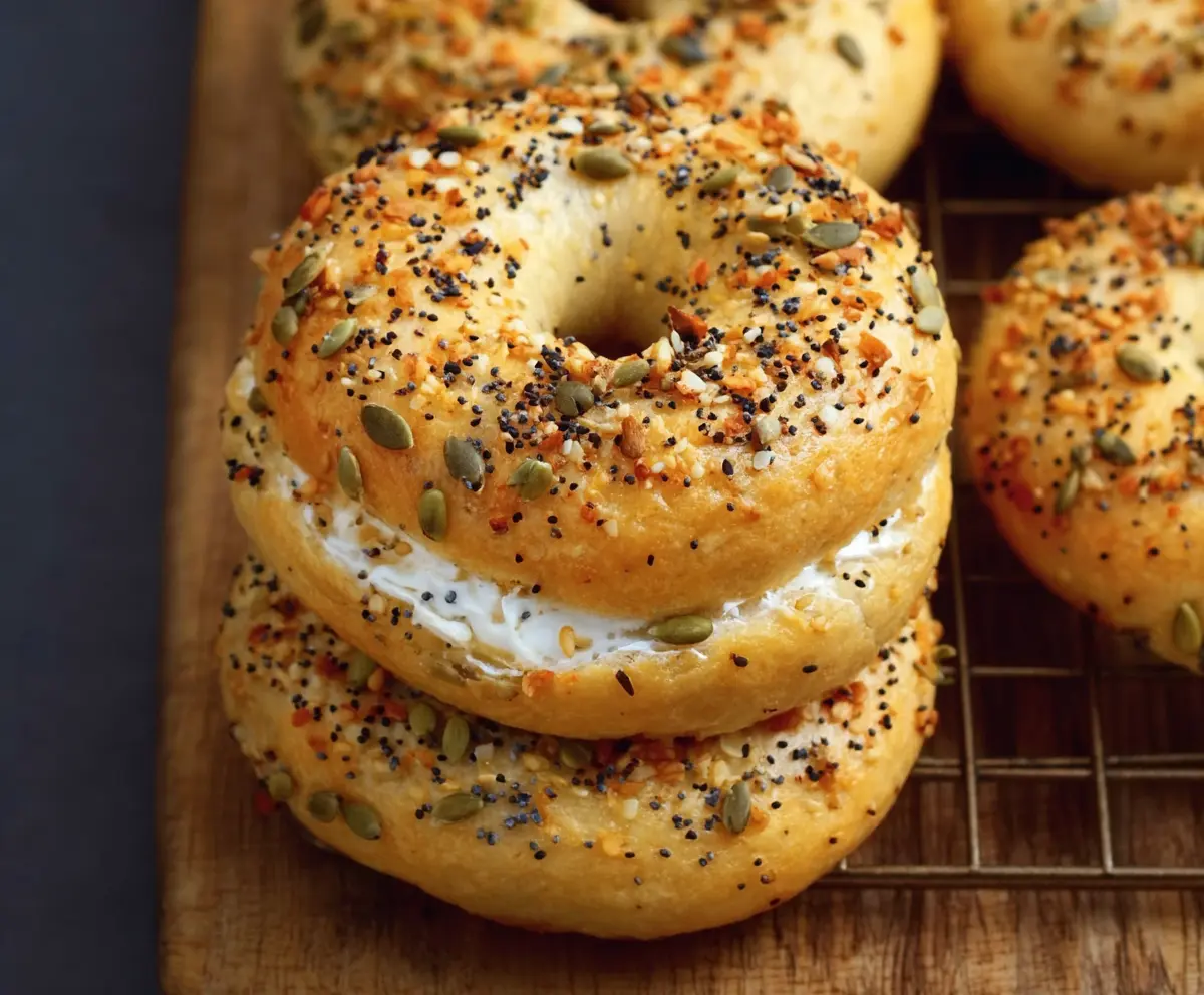 Delicious high protein Greek yogurt bagels on a baking tray ready to enjoy as a healthy breakfast.