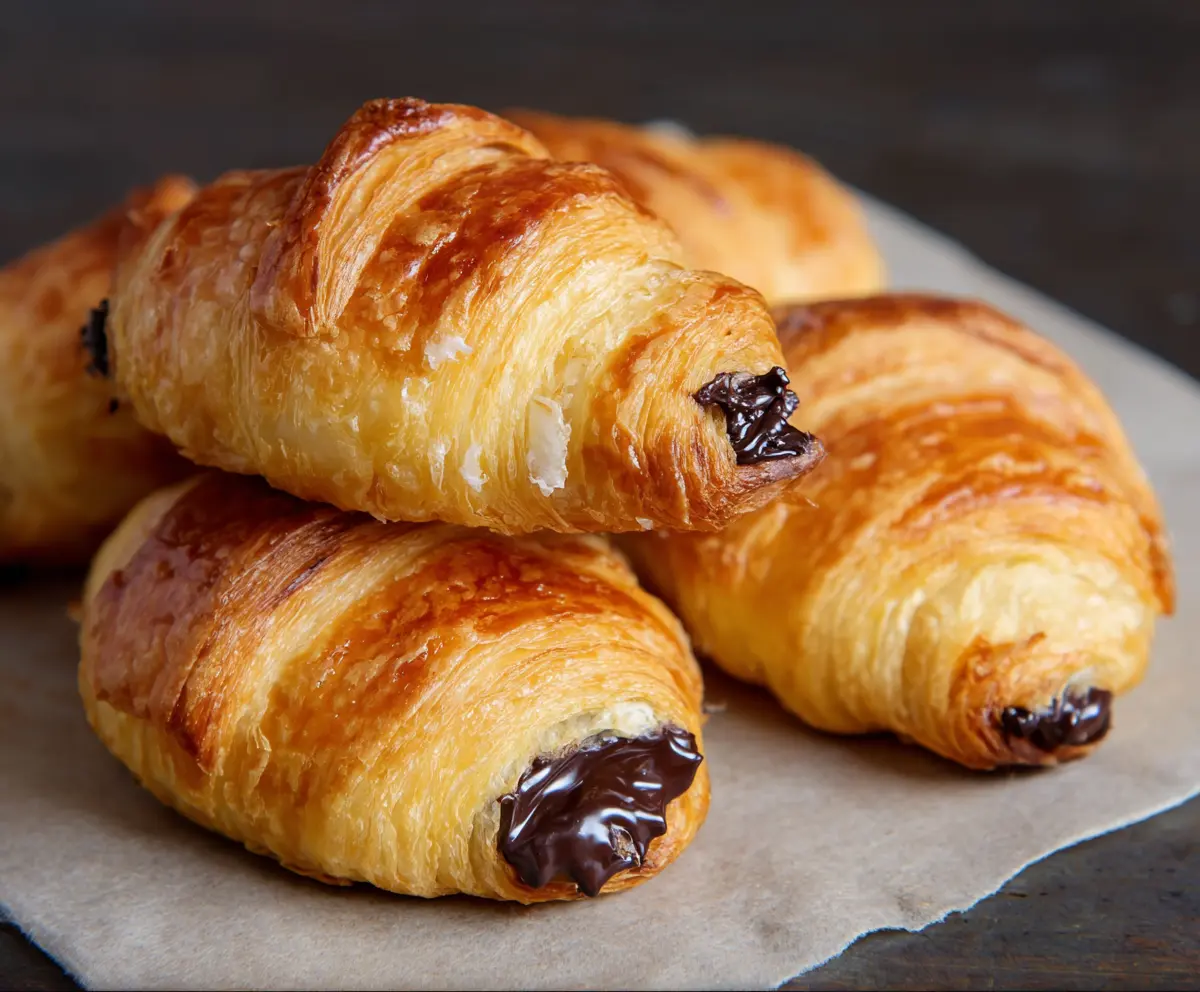 Delicious homemade chocolate croissants with flaky golden pastry and melted chocolate filling.