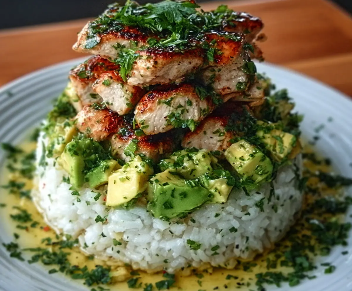 Honey Lime Chicken Avocado Rice Stack