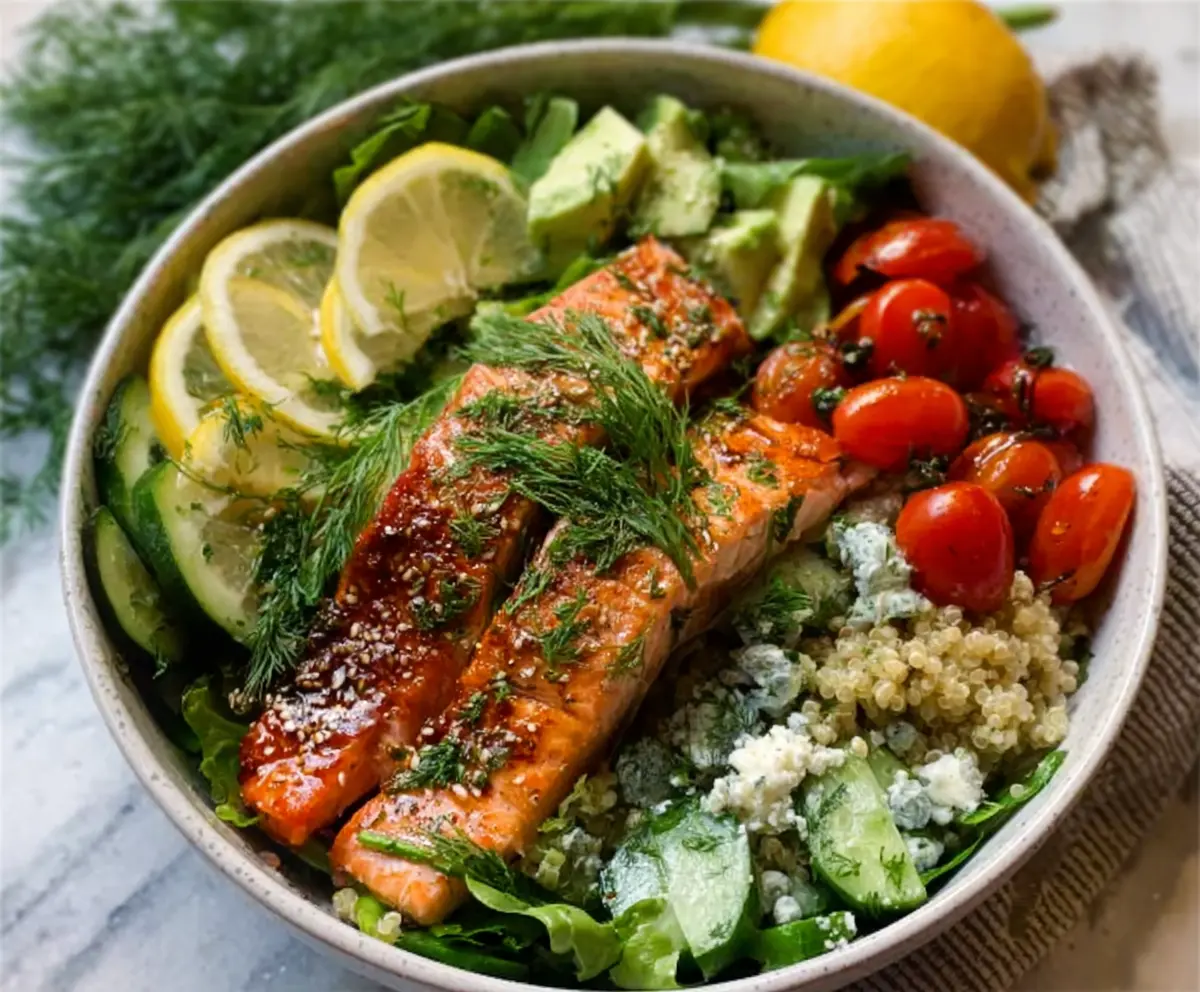 Fresh Lemon Dill Salmon Bowl with vibrant vegetables and herbs for a healthy seafood meal