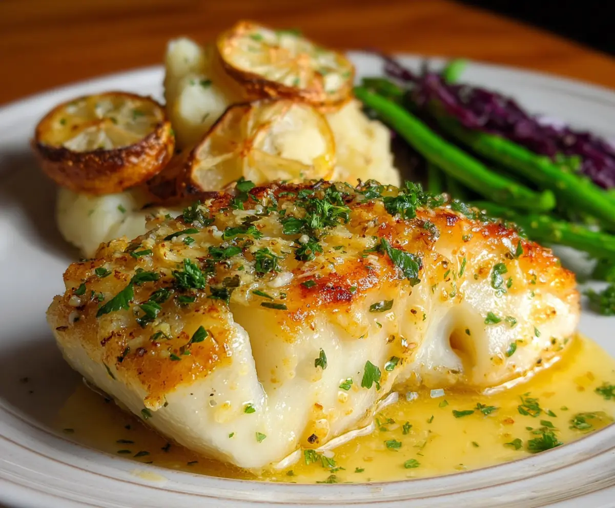 Delicious Lemon Garlic Butter Cod fillet finished with fresh herbs on a plate.