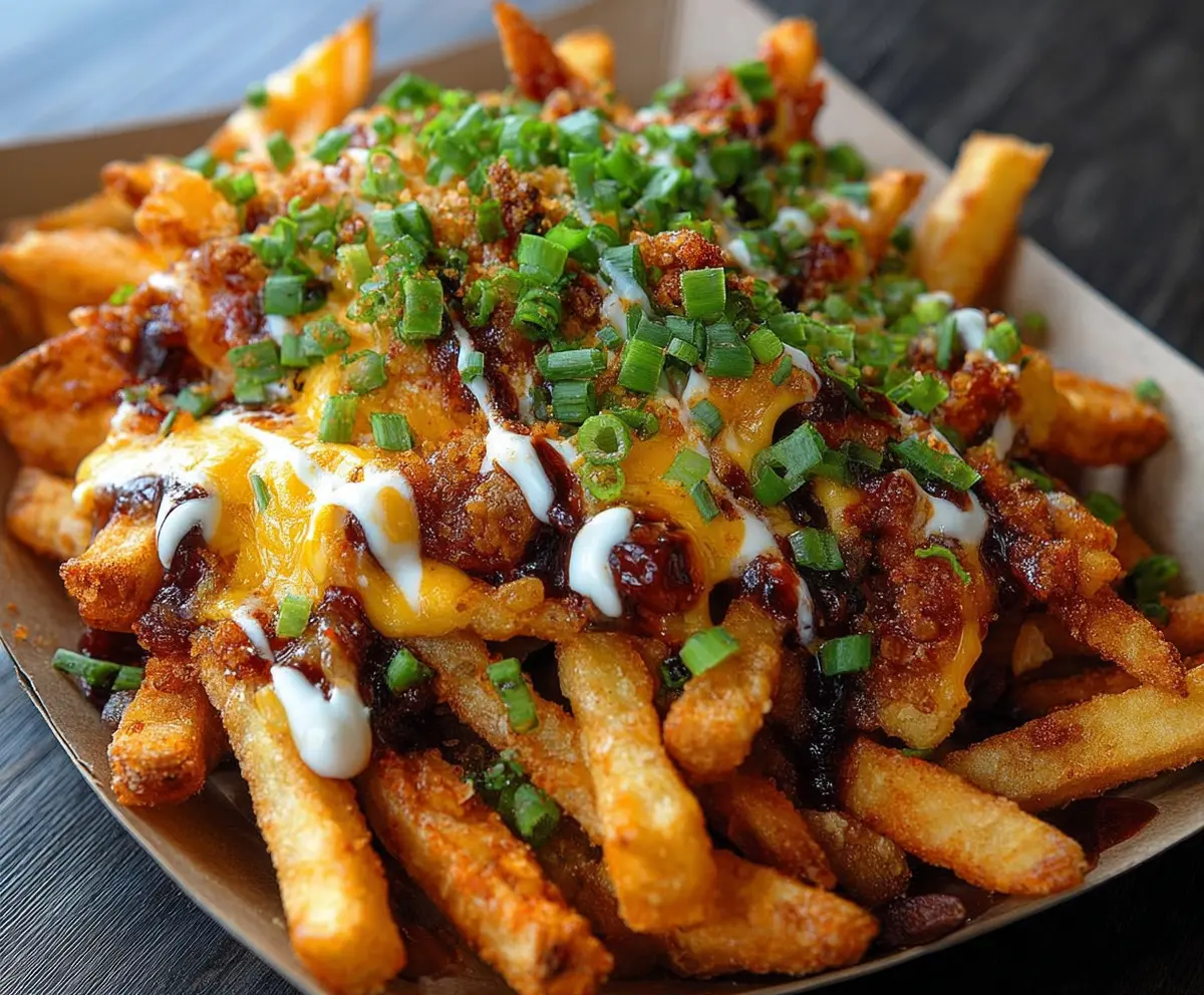 Savory Louisiana Voodoo Fries topped with spicy sauce and melted cheese, served as a bold appetizer.