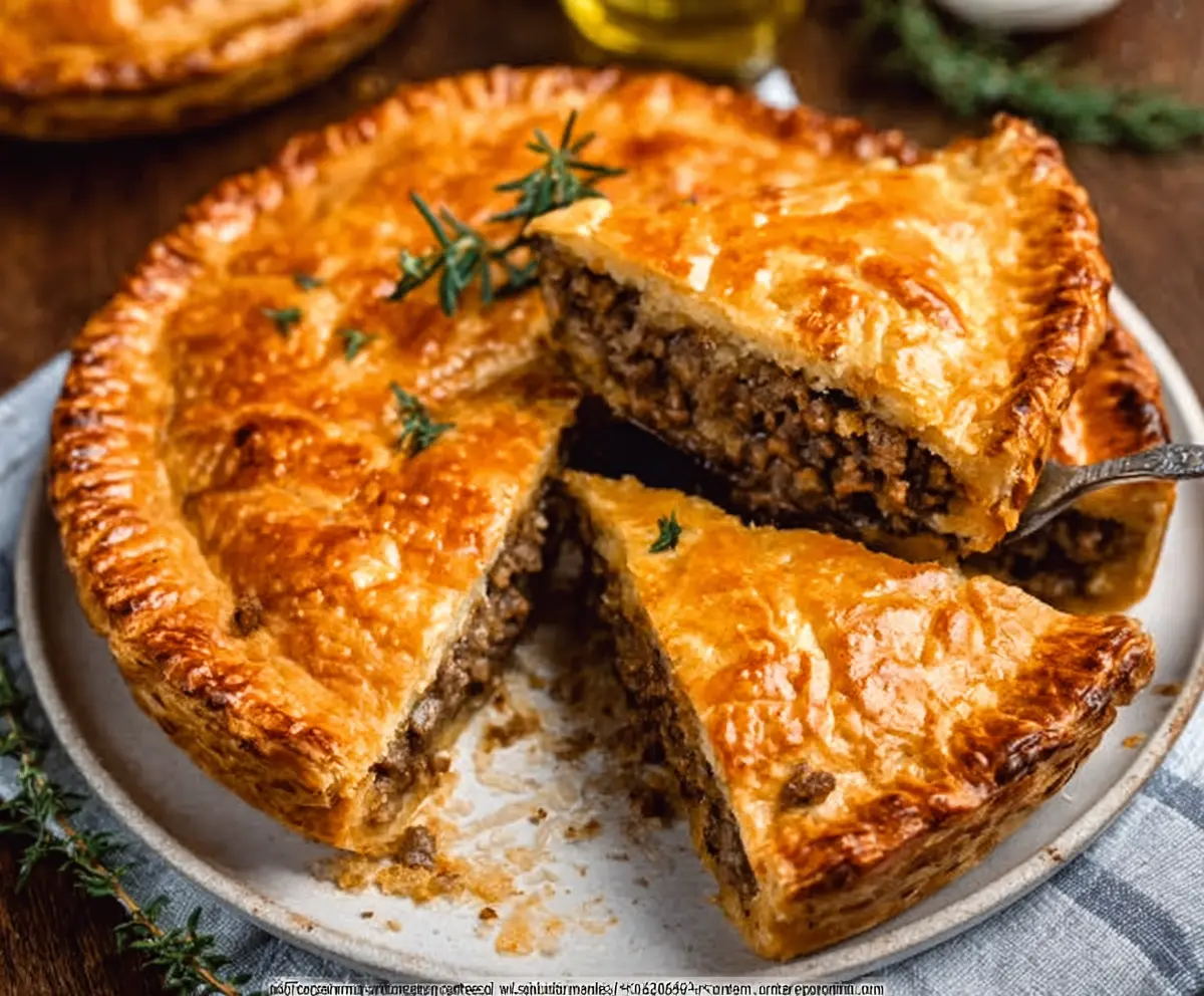 Delicious homemade meat pie with flaky golden crust and savory filling