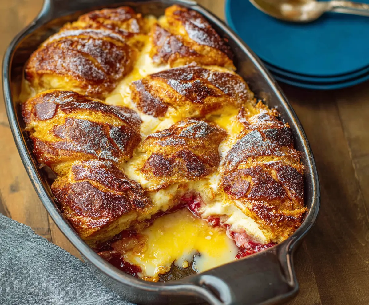Delicious Monte Cristo Croissant Casserole topped with melted cheese and fresh herbs.