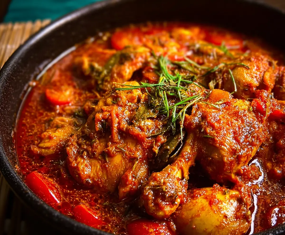 Delicious Nigerian Chicken Stew with rich tomato and pepper sauce served in a bowl.