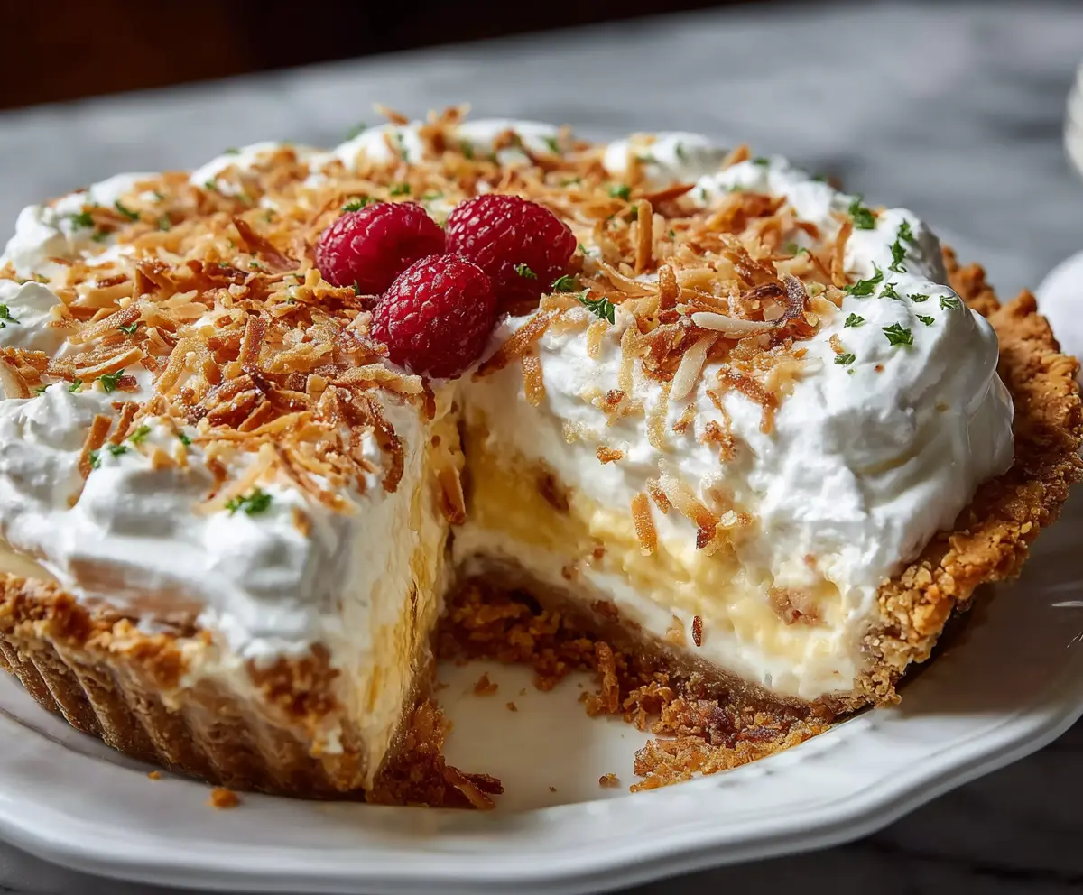 Delicious no-bake coconut cream pie with a creamy topping and toasted coconut garnish