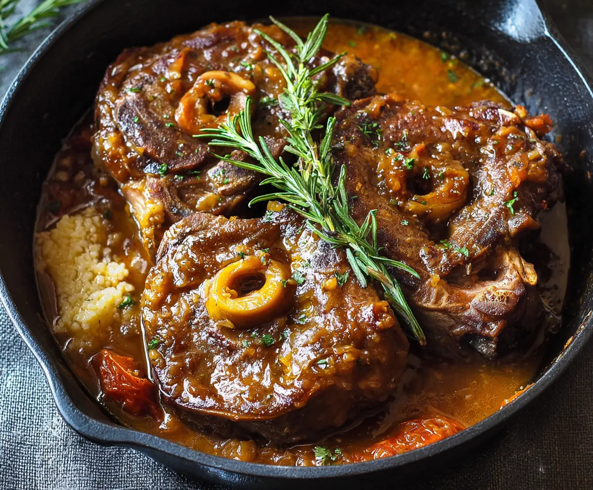 Delicious Osso Buco veal shank dish with tender meat and rich sauce served in a rustic bowl.