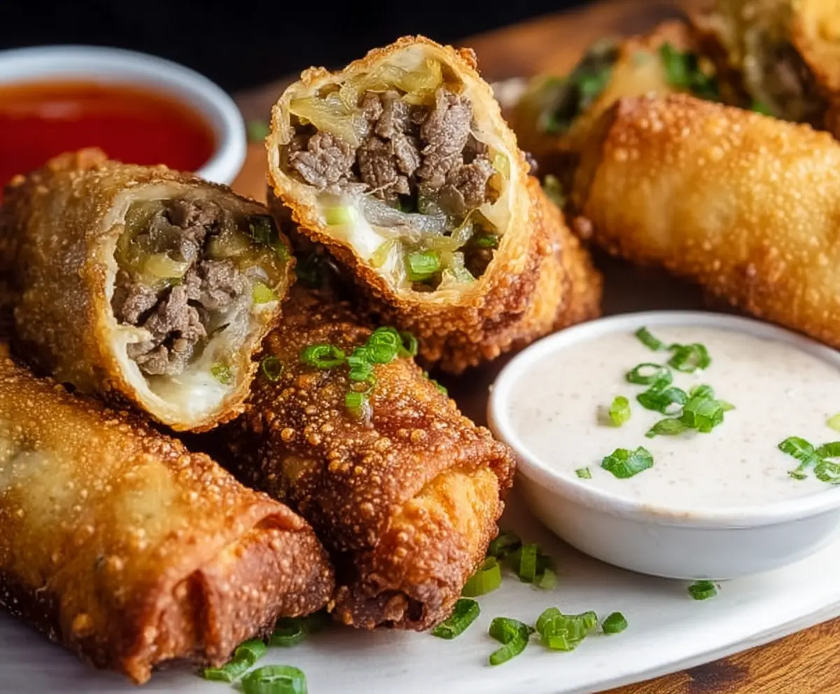 Delicious Philly Cheesesteak Egg Rolls with melted cheese and savory beef in crispy spring roll wrappers