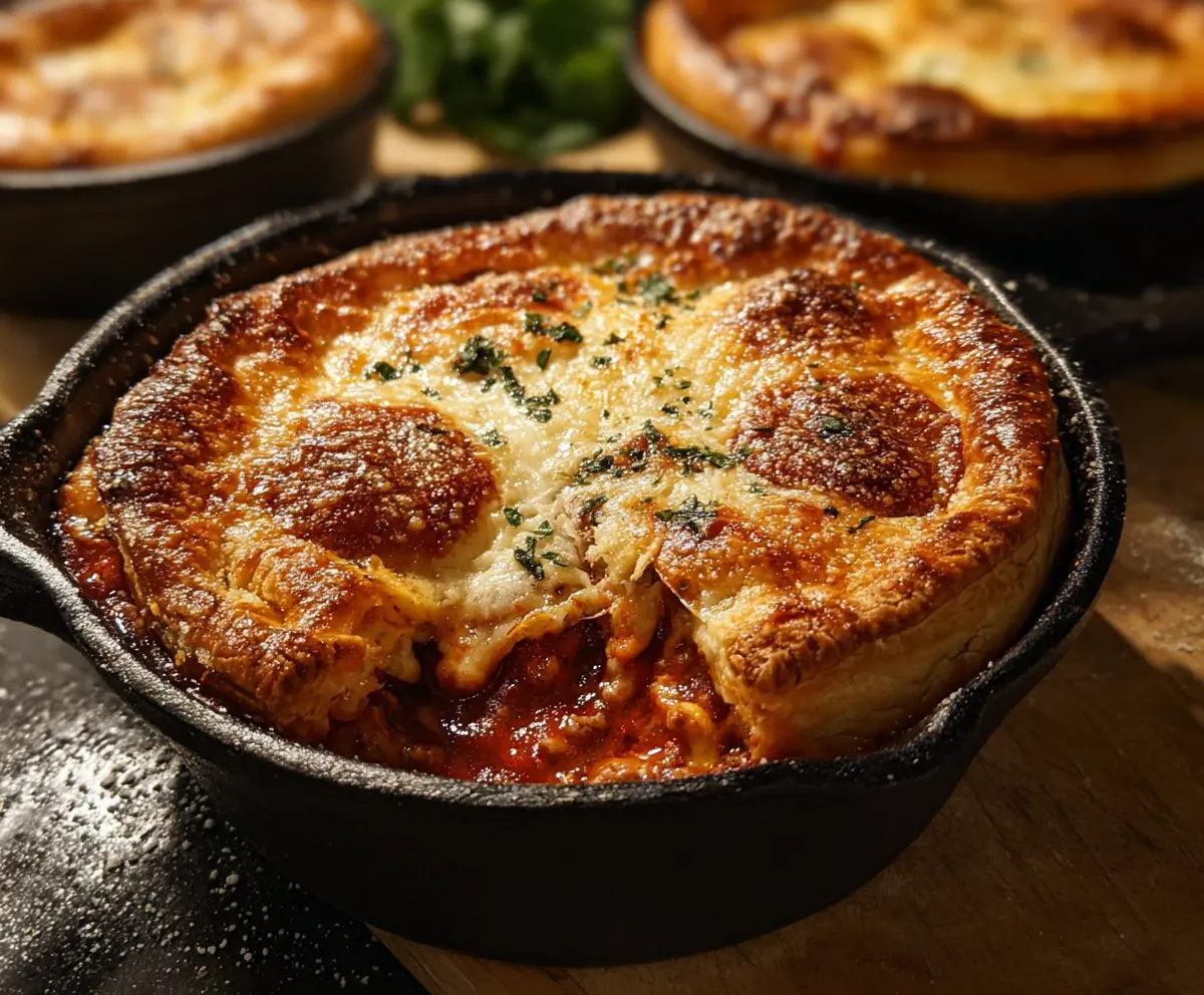 Delicious homemade pizza pot pies with crispy crust and flavorful toppings ready to serve.