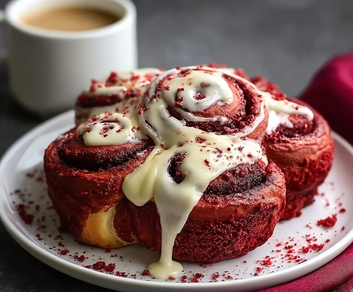 Delicious red velvet cinnamon rolls topped with cream cheese frosting, perfect for breakfast or dessert.