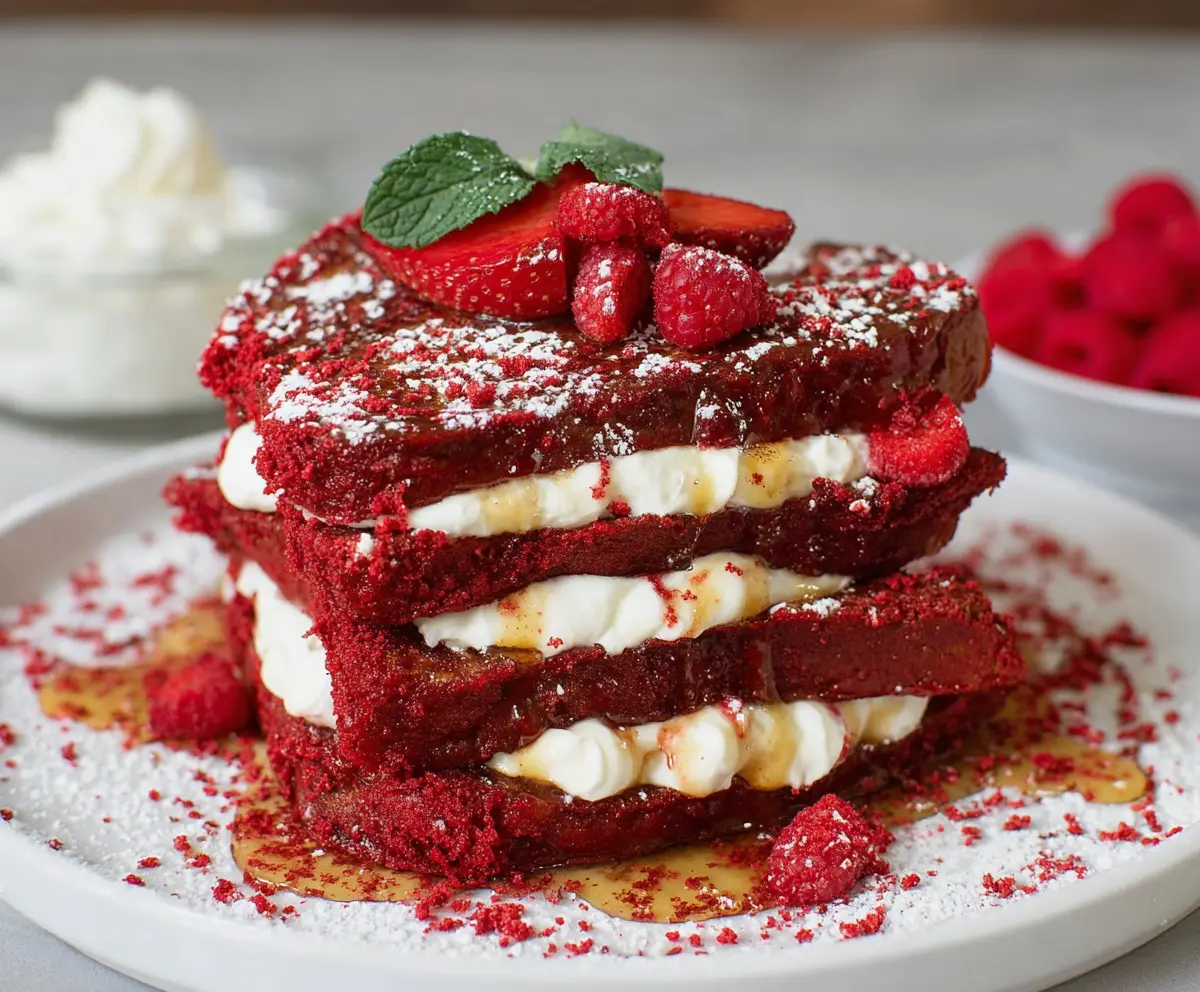 Delicious red velvet French toast topped with cream cheese frosting and fresh strawberries