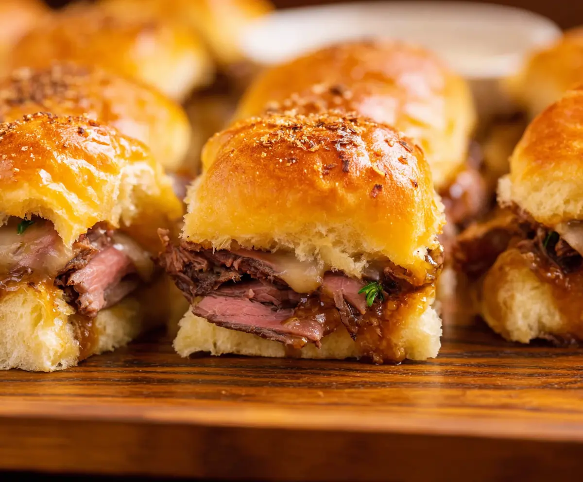 Delicious roast beef sliders with melted cheese and fresh toppings on a wooden platter.