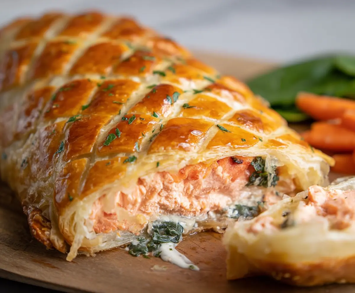 Delicious Salmon Wellington served on a plate with fresh herbs and a side of vegetables.