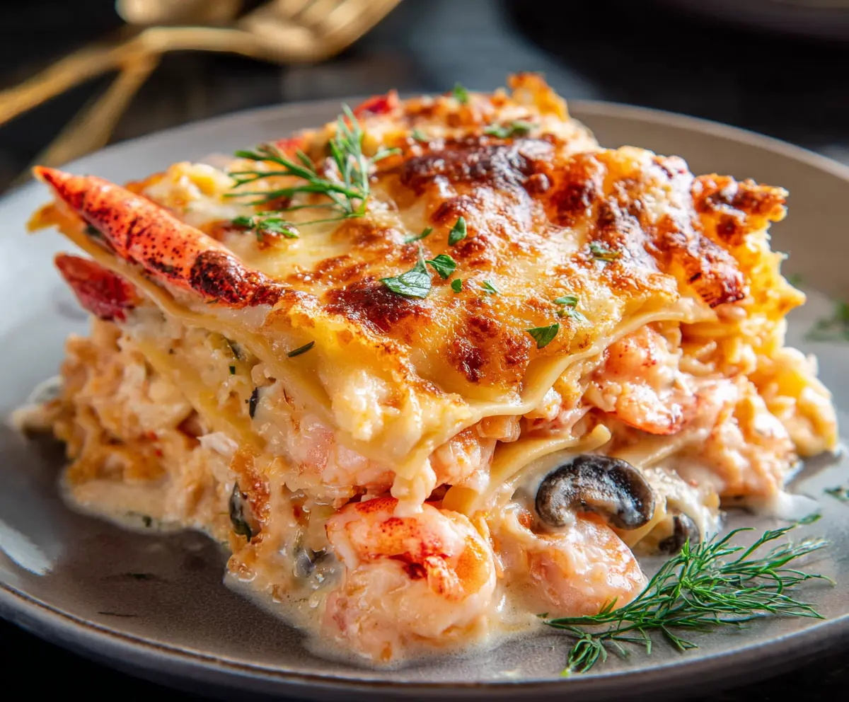 Delicious seafood lasagna featuring tender lobster and juicy shrimp layered with rich cheese and pasta.