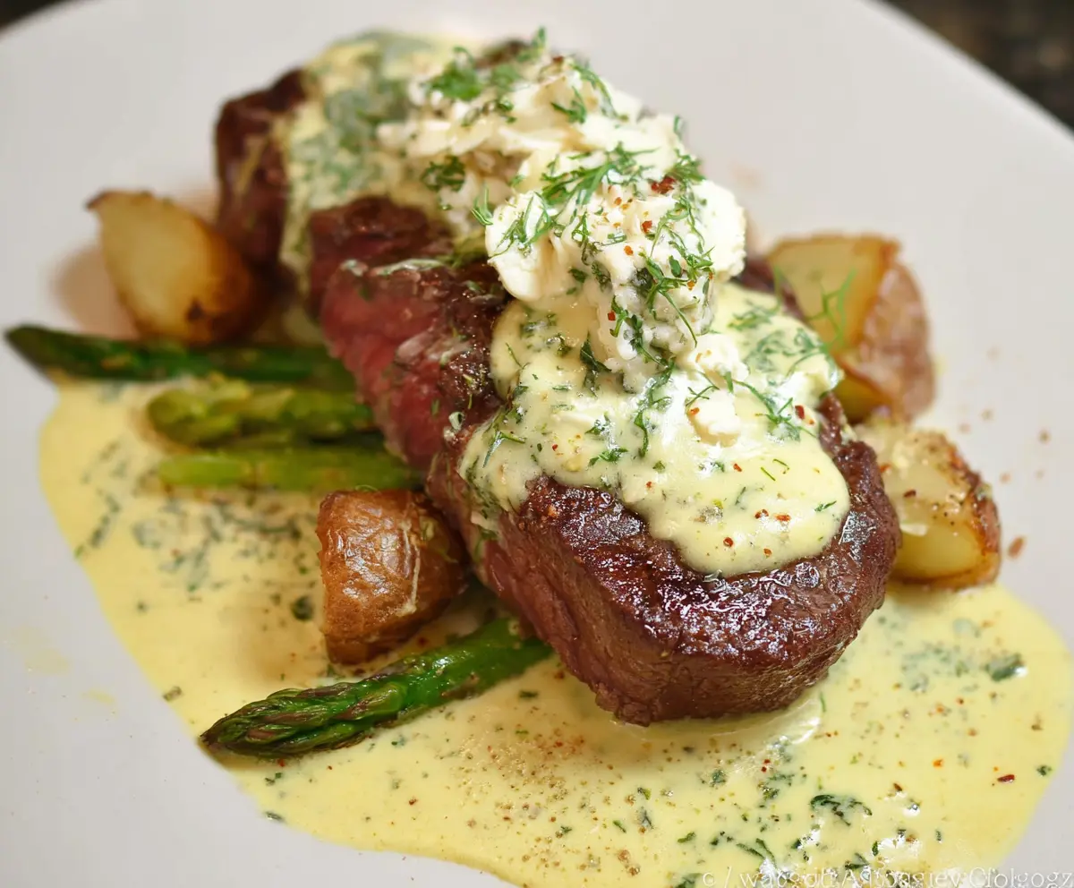 Juicy Steak Oscar featuring top-quality beef topped with fresh seafood and rich hollandaise sauce.