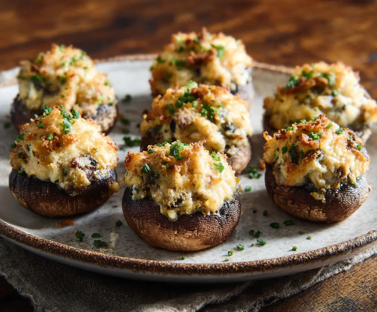 Delicious stuffed mushroom caps filled with cheese and herbs, perfect for appetizers.
