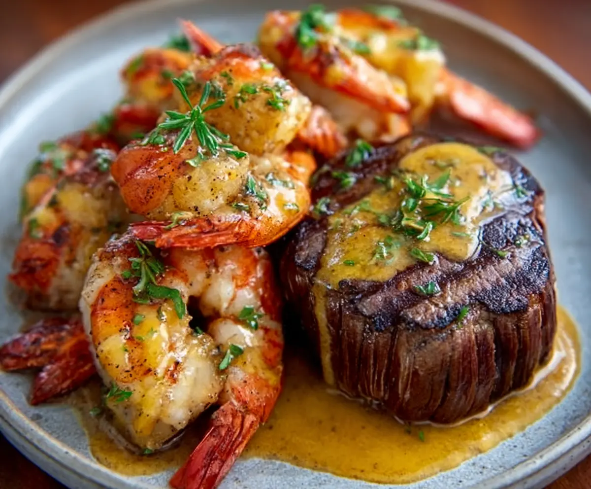 Delicious surf and turf dish featuring juicy lobster tail and tender steak on a white plate.