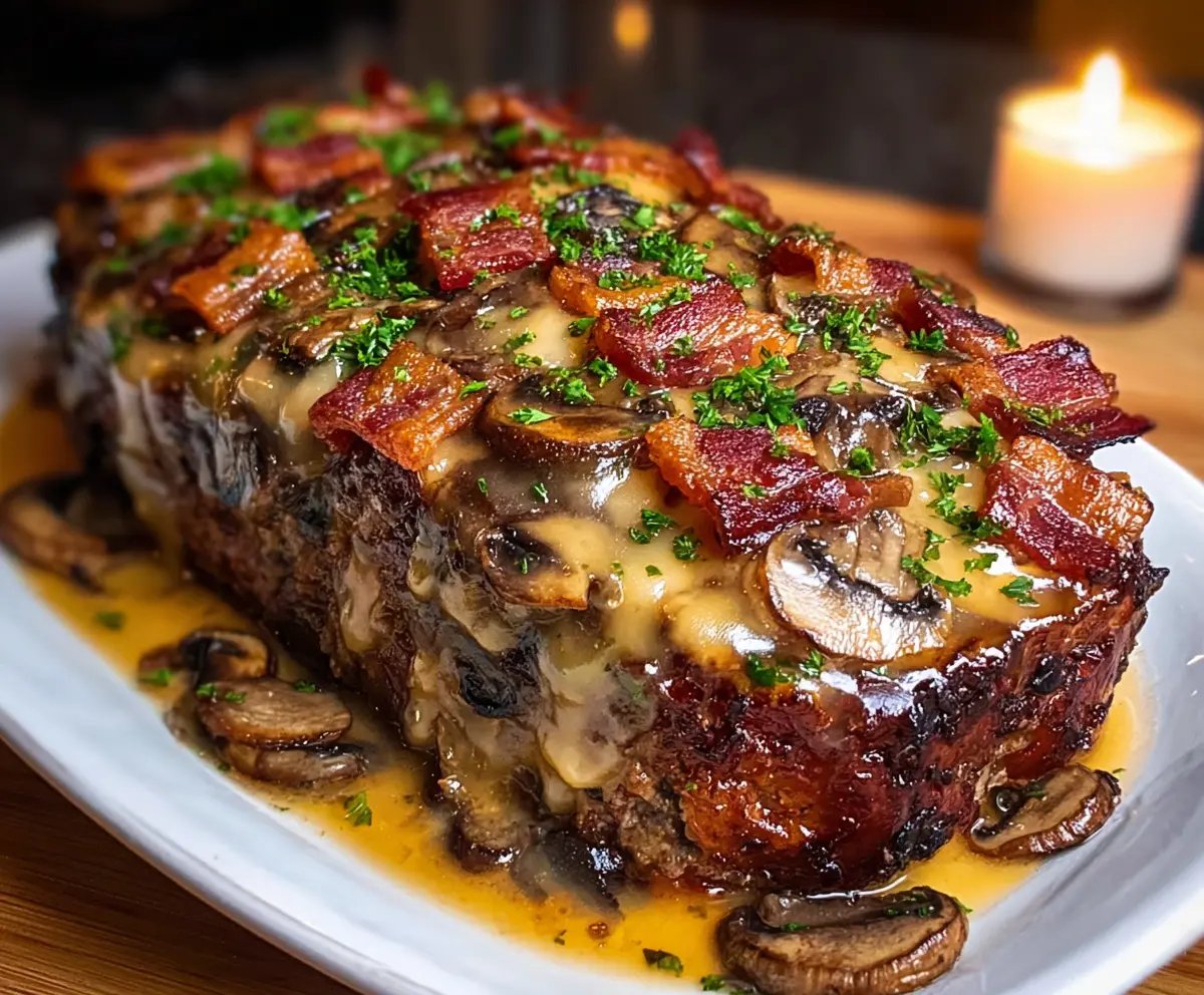 Delicious Swiss Bacon Mushroom Meatloaf garnished with fresh herbs on a rustic plate.