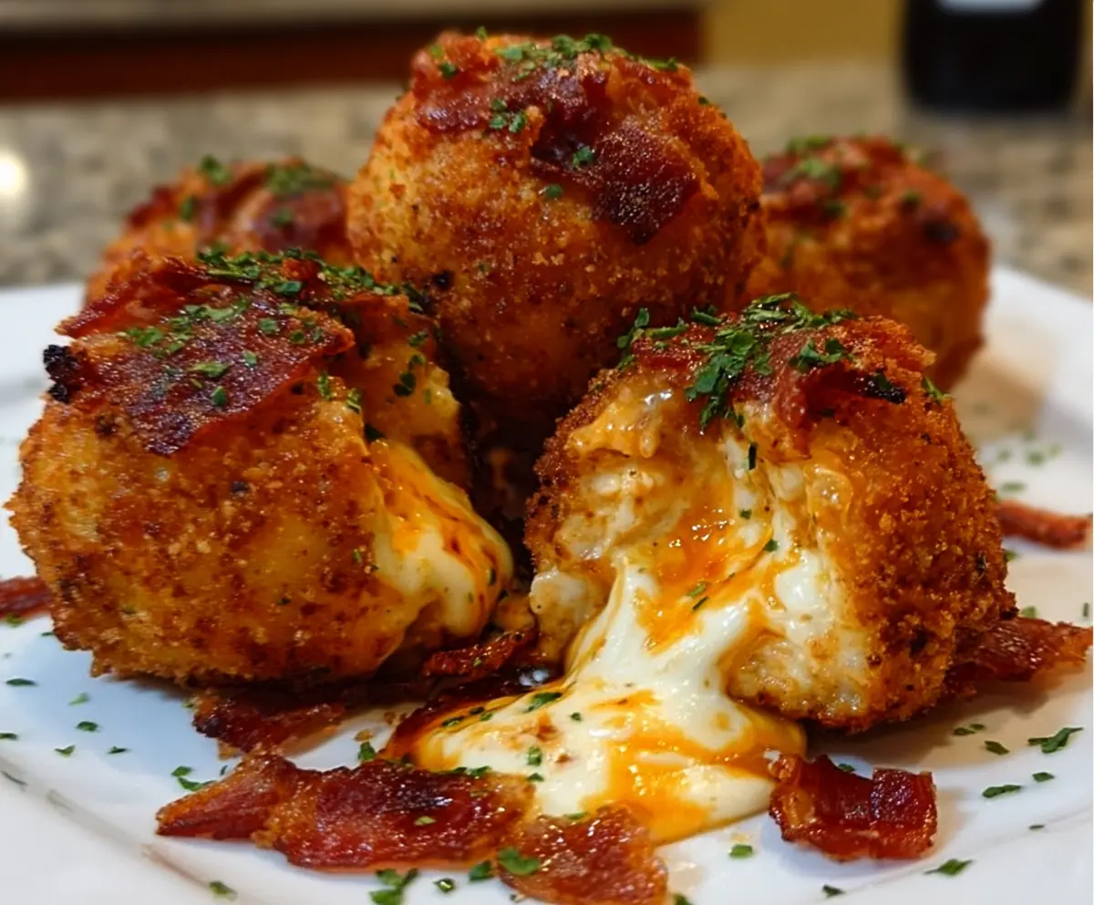 Delicious Buffalo Chicken Bacon Mozzarella Bombs with crispy bacon and melted cheese inside.