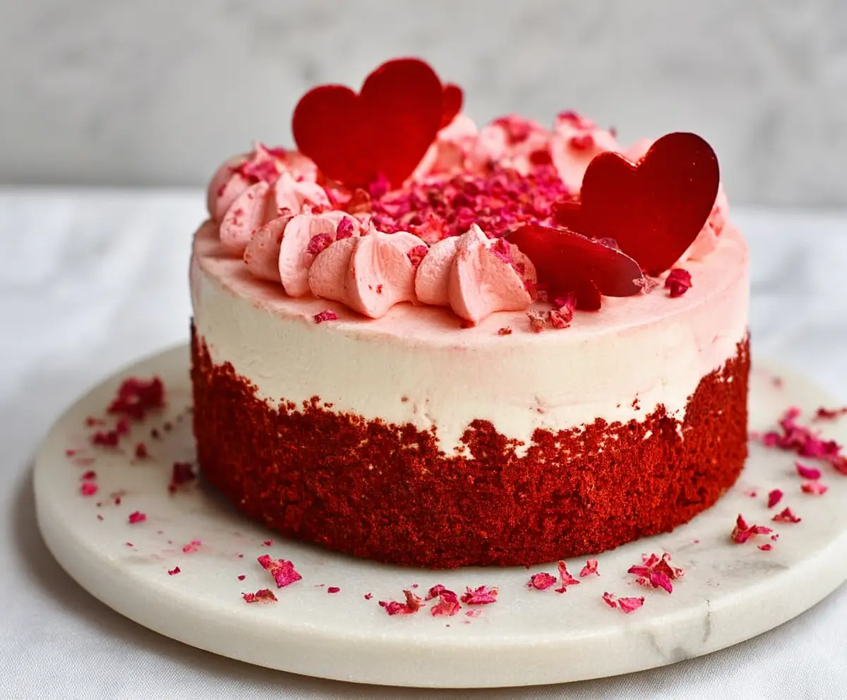 Delicious Valentine Red Velvet Truffle Cake layered with rich cream cheese frosting and topped with heart-shaped decorations.