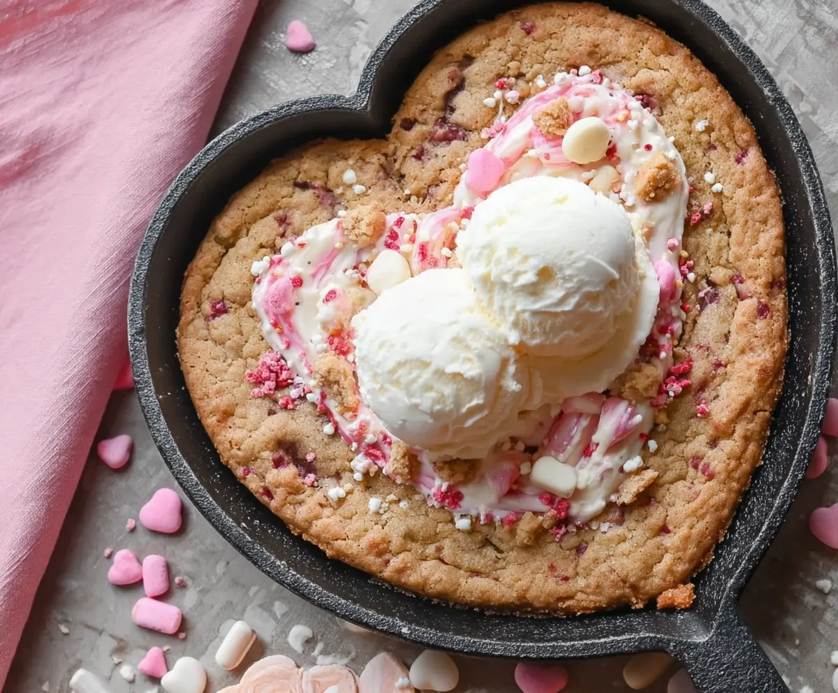 Delicious Valentine’s Day Heart Skillet Cookie with melted chocolate and strawberries.