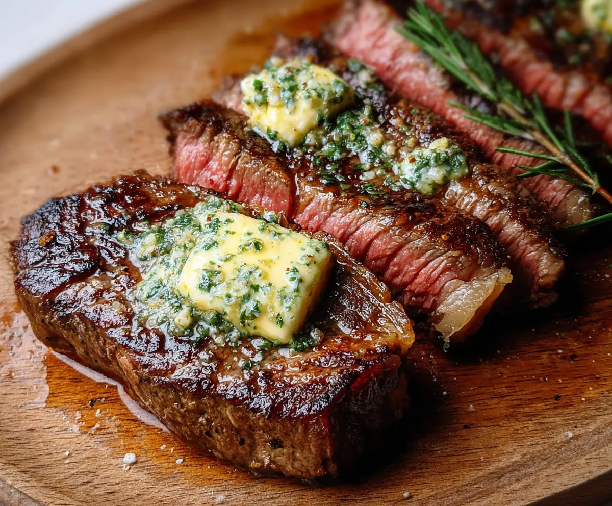 Juicy Wagyu steak topped with melting garlic butter on a rustic wooden table.