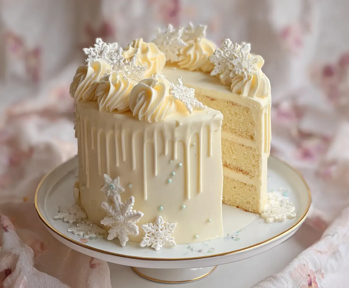 Delicious Winter Vanilla Snowflake Cake decorated with snowflake-shaped icing for a festive holiday dessert.