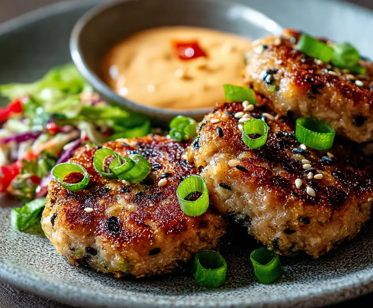 Delicious Asian-Style Tuna Cakes topped with spicy mayo and garnished with green onions.