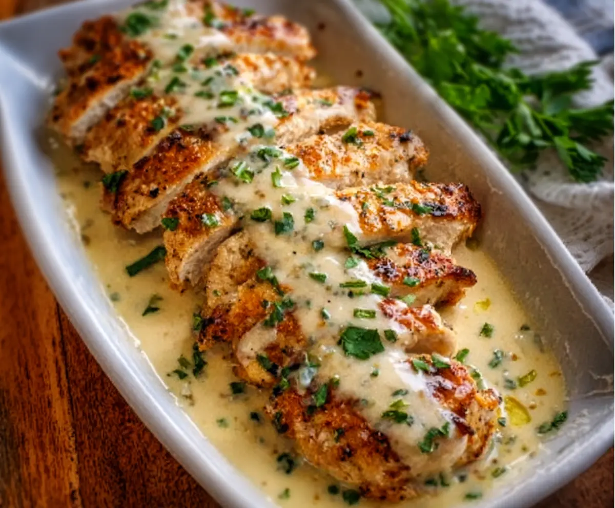 Delicious baked Caesar chicken topped with creamy Parmesan sauce, served on a plate.
