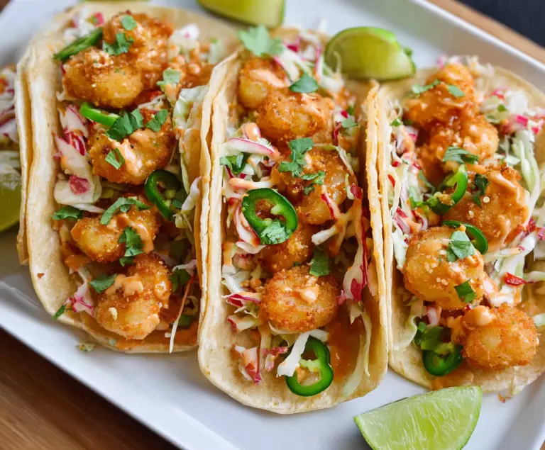 Delicious Bang Bang Shrimp Tacos topped with creamy sauce and fresh vegetables on a vibrant plate.