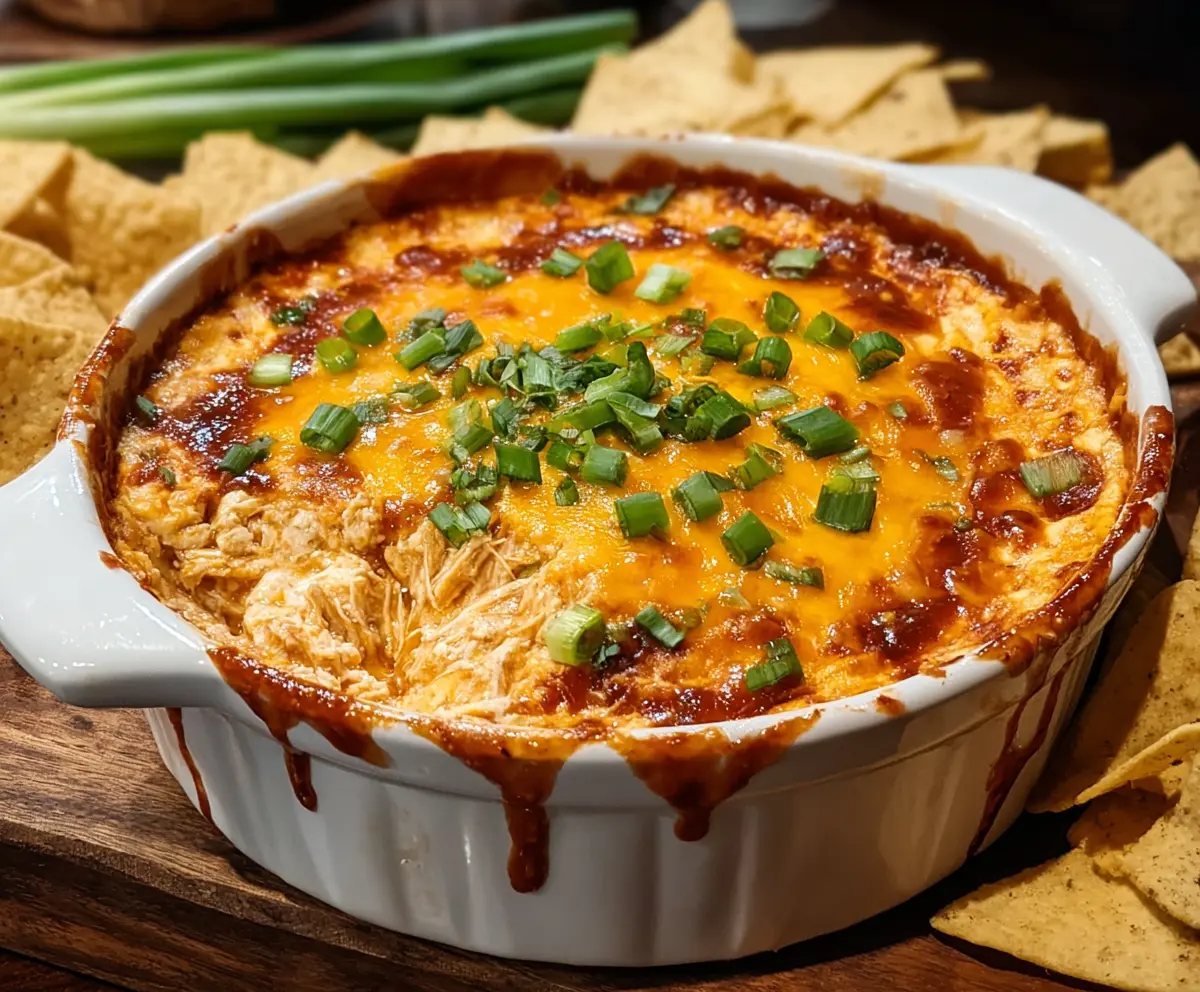 Delicious BBQ chicken dip served in a bowl with crispy chips on the side