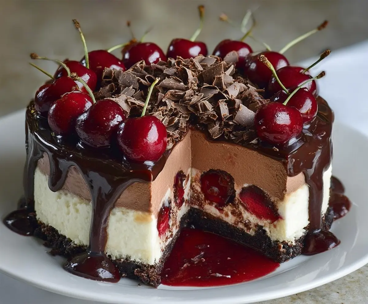 Delicious Black Forest Cheesecake with chocolate shavings and cherry topping on a white plate.