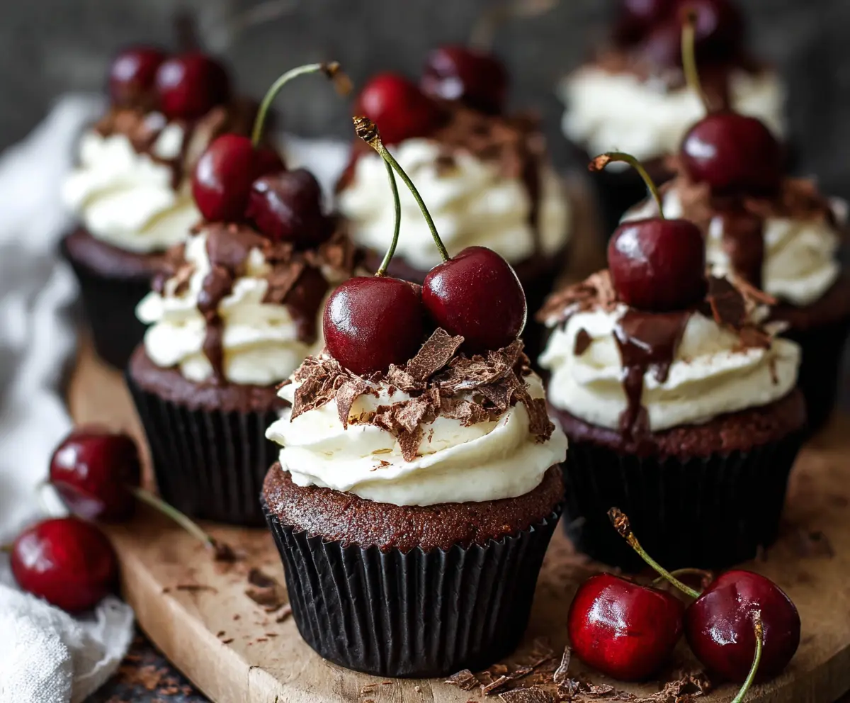 Delicious Black Forest Cupcakes with chocolate frosting, cherries, and whipped cream topping.