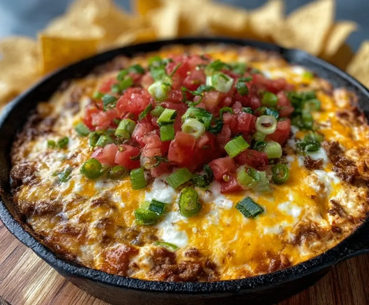 Delicious Bold Cheesy Texas Trash Dip served in a bowl with tortilla chips for dipping.