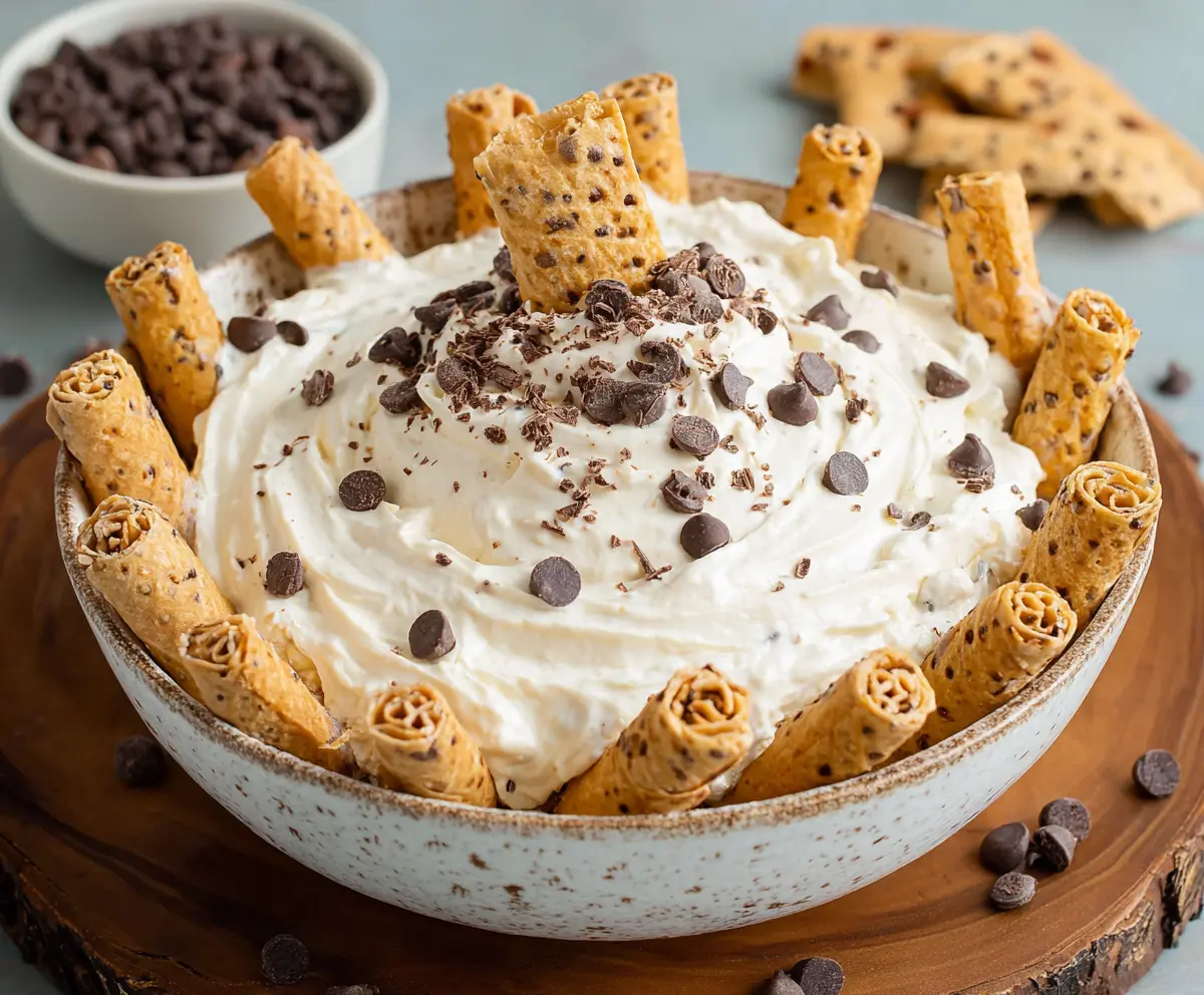 Creamy cannoli dip garnished with chocolate chips and powdered sugar, ideal for dessert lovers.