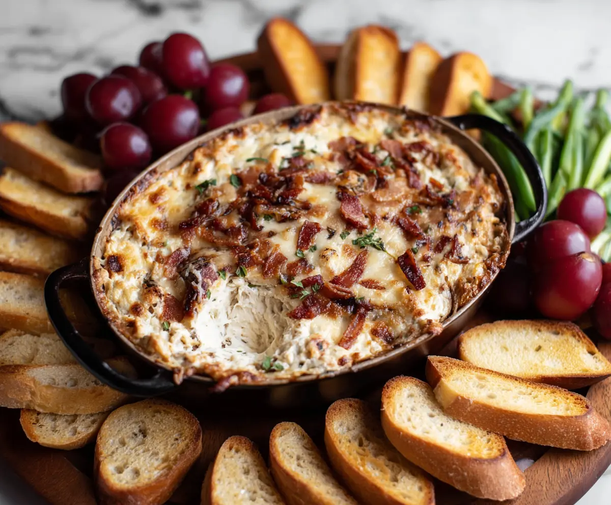 Creamy caramelized onion and crispy bacon dip served with crackers.