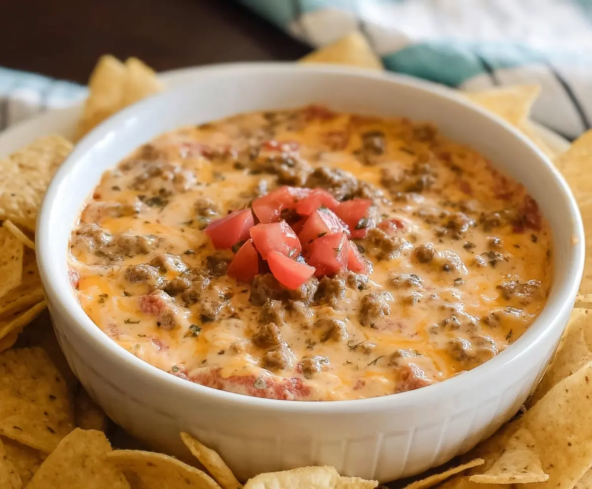 Creamy Cheesy Sausage Rotel Dip served with tortilla chips for a spicy appetizer.