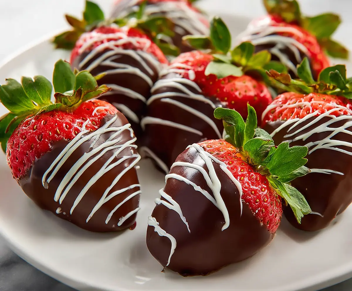 Delicious chocolate-covered strawberries with a glossy finish on a white plate.