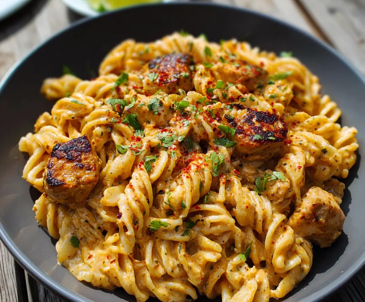 Creamy cowboy butter chicken pasta with herbs and spices served on a plate.