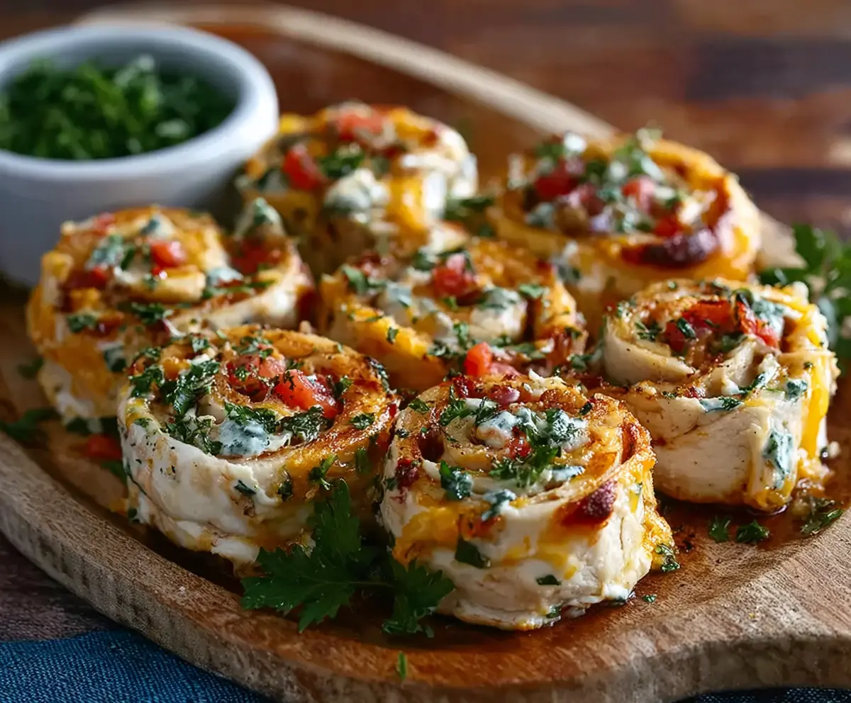 Delicious Crack Chicken Pinwheels garnished with cheese and herbs on a wooden cutting board.