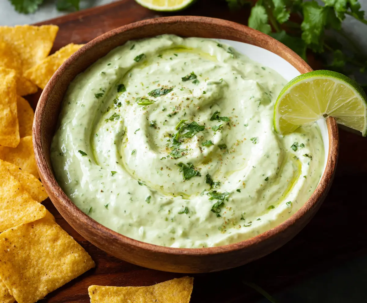 Creamy avocado cilantro lime dip served in a bowl with fresh cilantro and lime wedges.