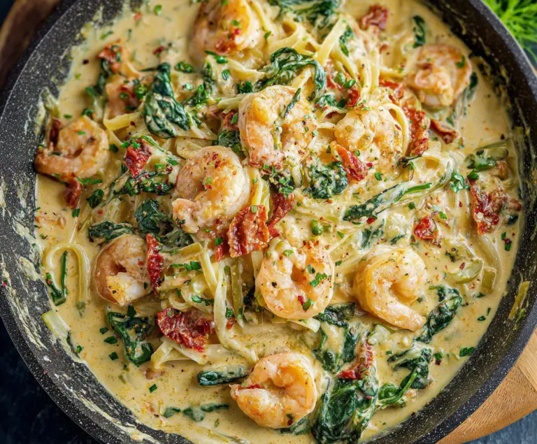 Creamy Tuscan Shrimp Linguine served on a white plate topped with fresh herbs